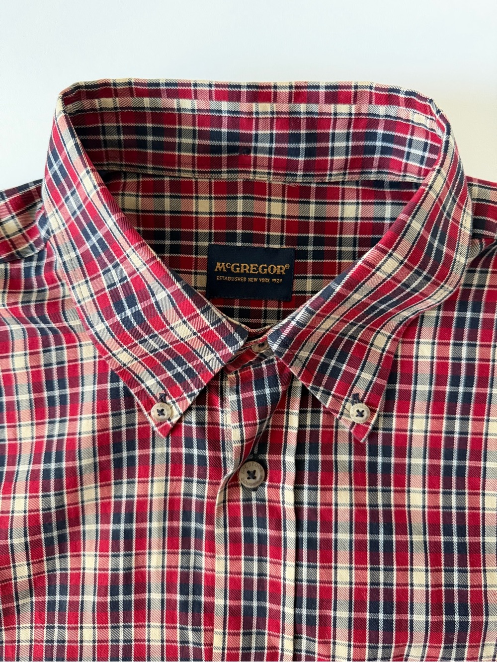 McGregor Red, Navy and Cream Plaid Check Button-Down Casual Dress Shirt L